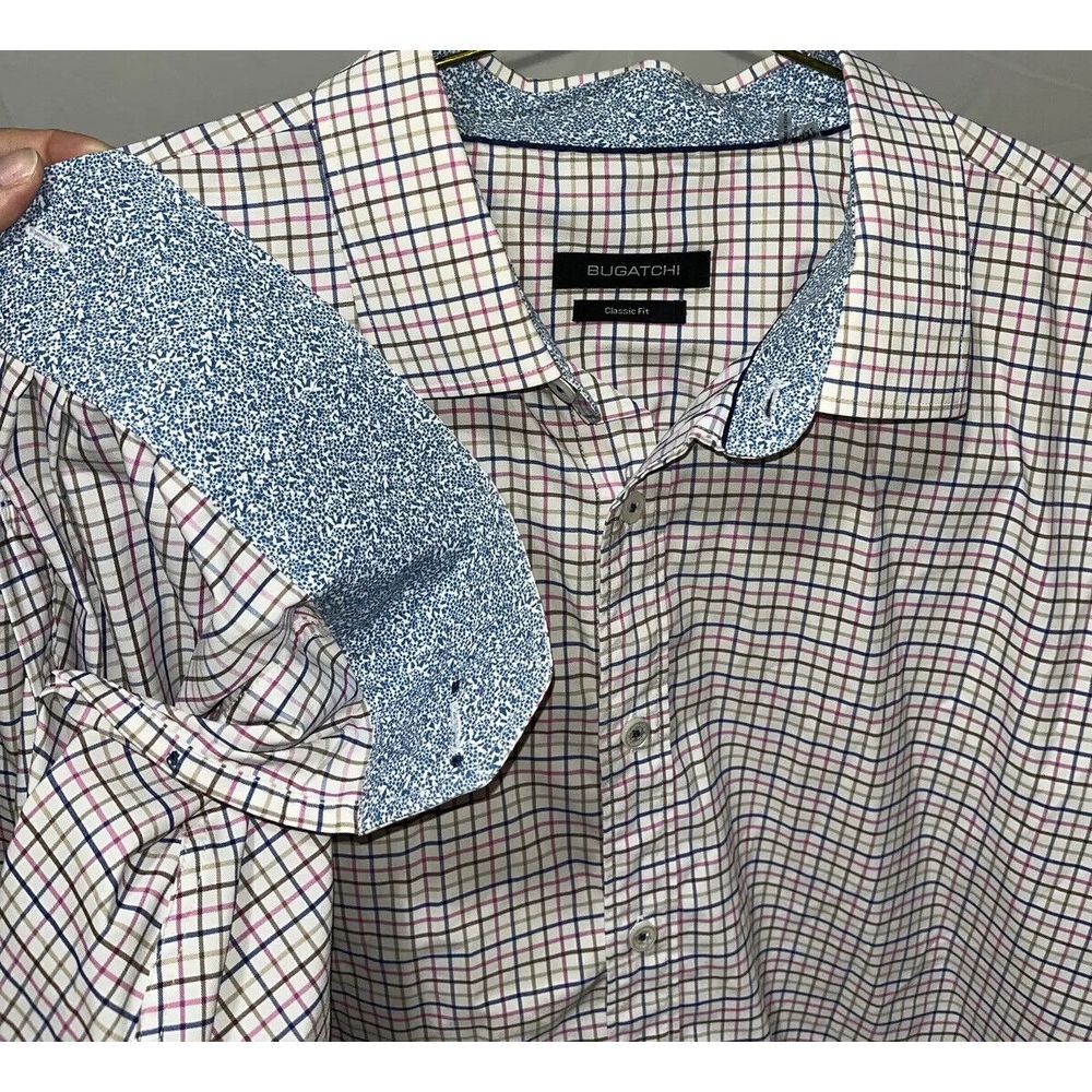 Bugatchi Men's Long Sleeve Button Classic Fit Large Flip‎ Cuffs Plaid White